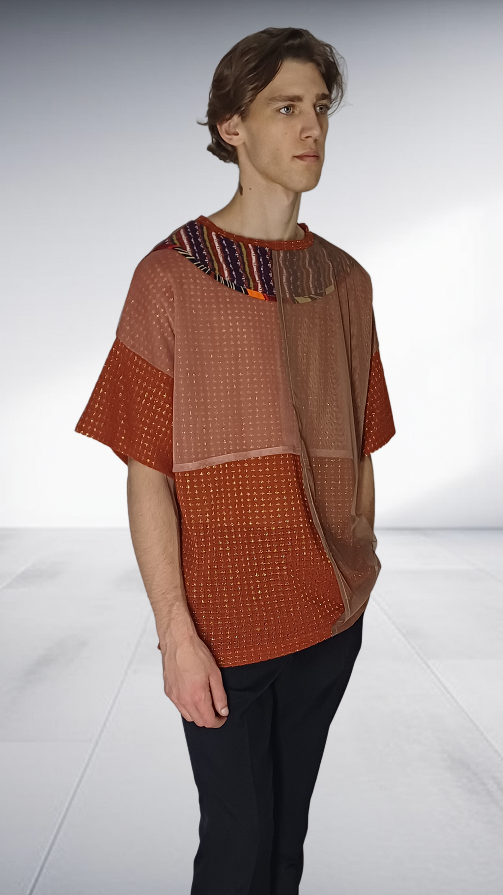 Sipho Mbuto Artisan Knit T-Shirt with Decorative Collar - Terracotta