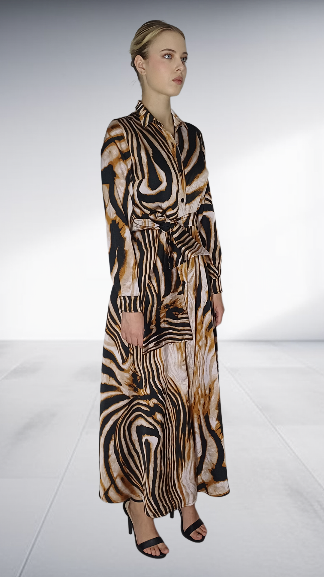 Kayla Stam Zebra Print Satin Shirt Dress - Black, Beige & Gold