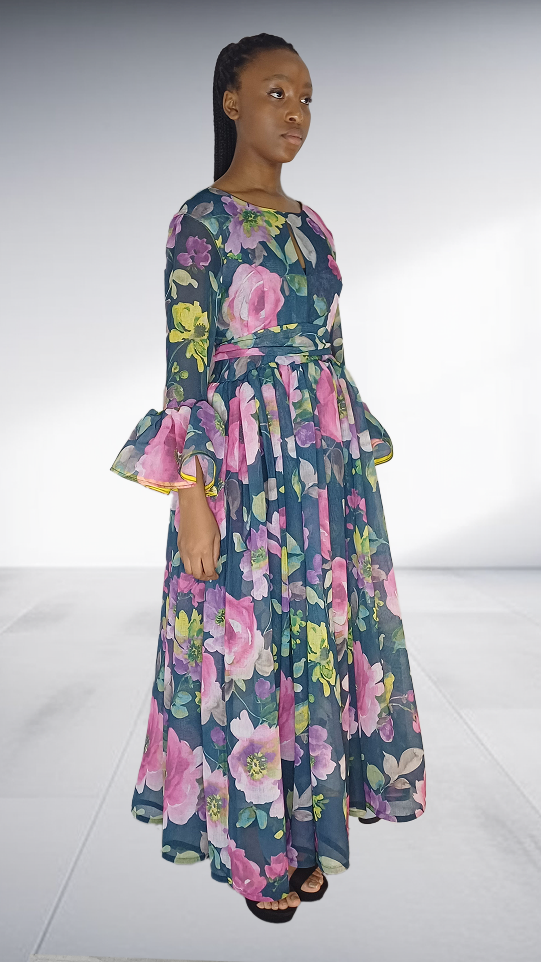Navy Floral Print Bell Sleeve Maxi Dress with Yellow Trim