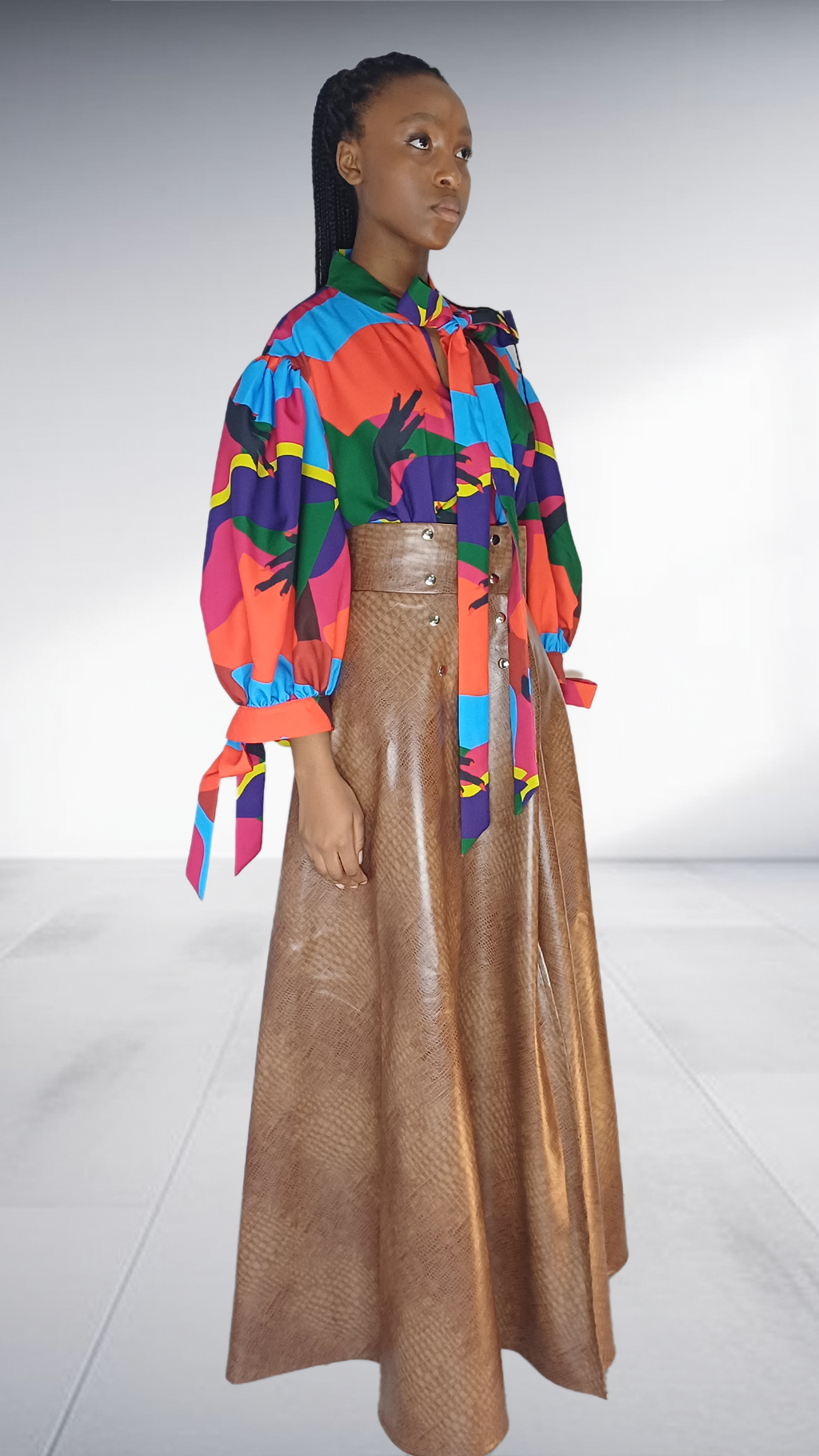 Ezokhetho Multicolor Balloon Sleeve Top & Bronze Snakeskin Skirt Set