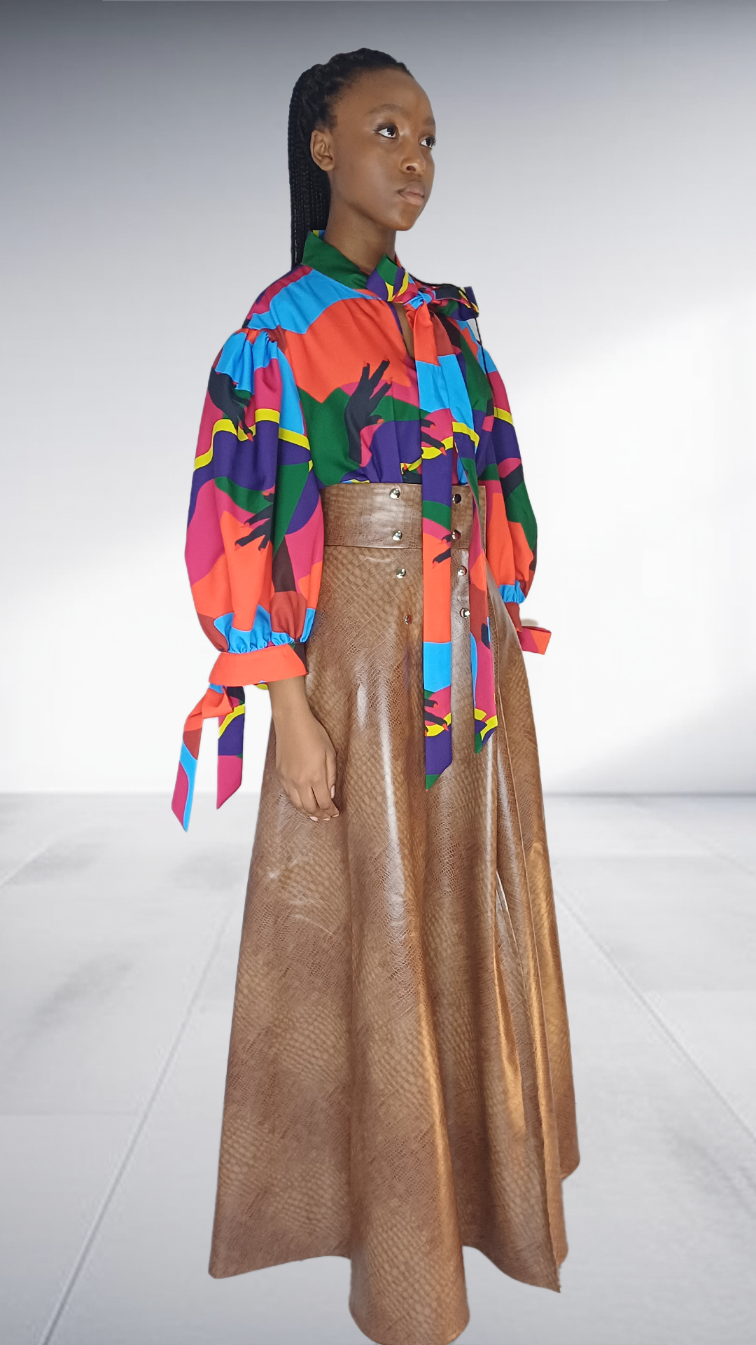 Multicolor Balloon Sleeve Top & Bronze Snakeskin Maxi Skirt Set