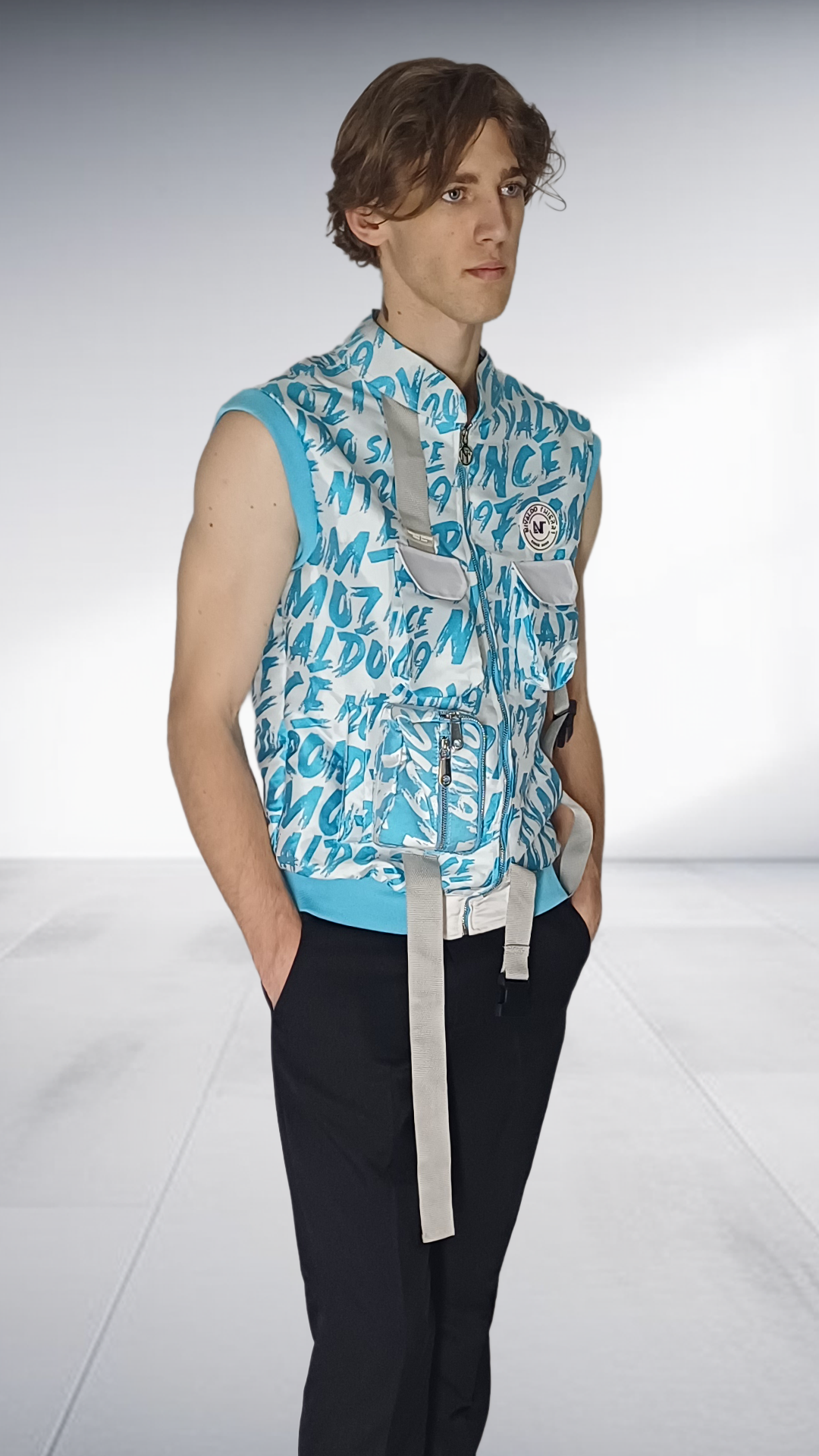 Nivaldo Thierry Graphic Print Utility Vest - Turquoise & White
