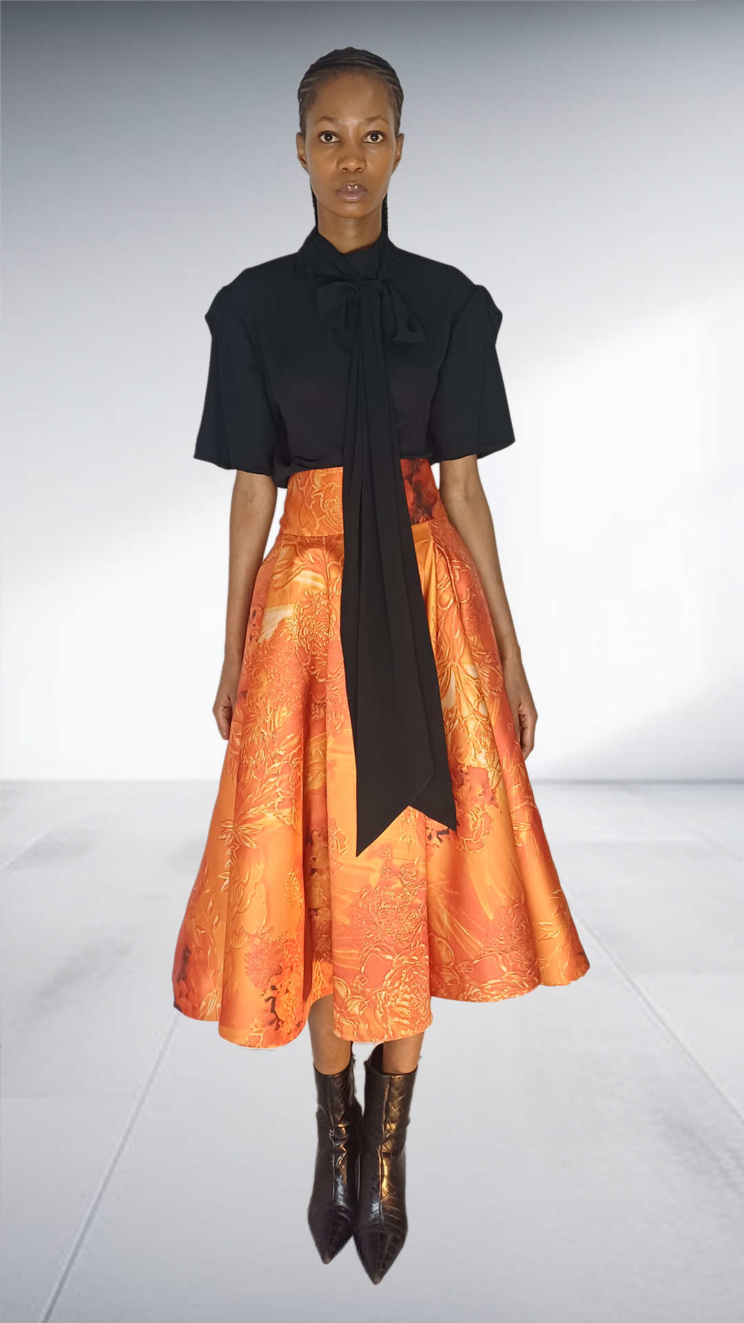 Black Bow Blouse & Orange Brocade Midi Skirt Two-Piece Set