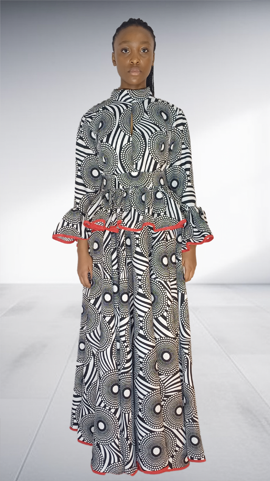 Imprint Black & White Abstract Print Maxi Dress with Red Trim