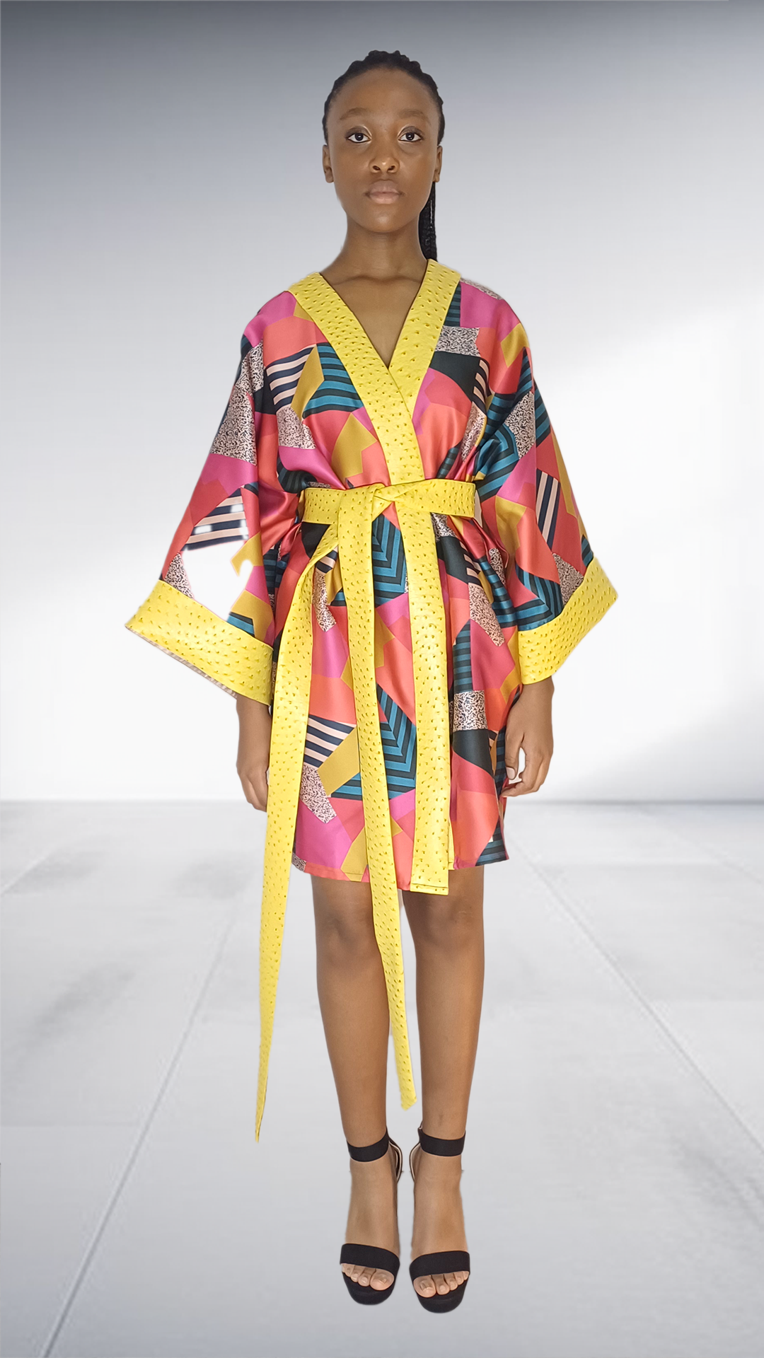 Ezokhetho Abstract Print Kimono Robe with Yellow Polka Dot Trim