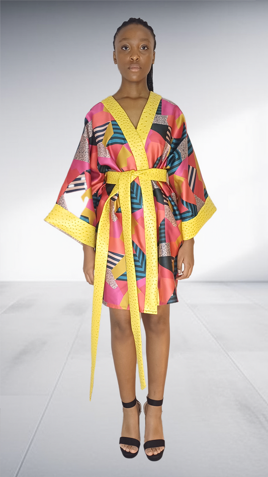 Abstract Print Kimono Robe with Yellow Dot Trim