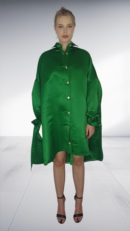 Emerald Green Oversized Satin Shirt Dress
