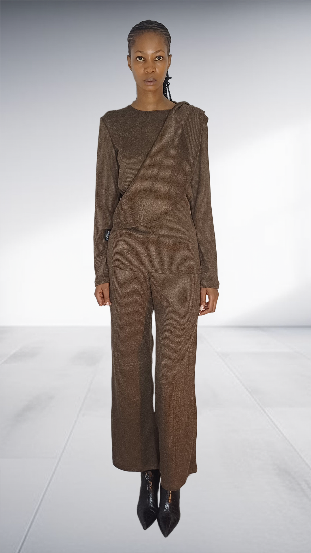 Fundundzi Brown Textured Cascade Wrap Hoodie Two-Piece Set