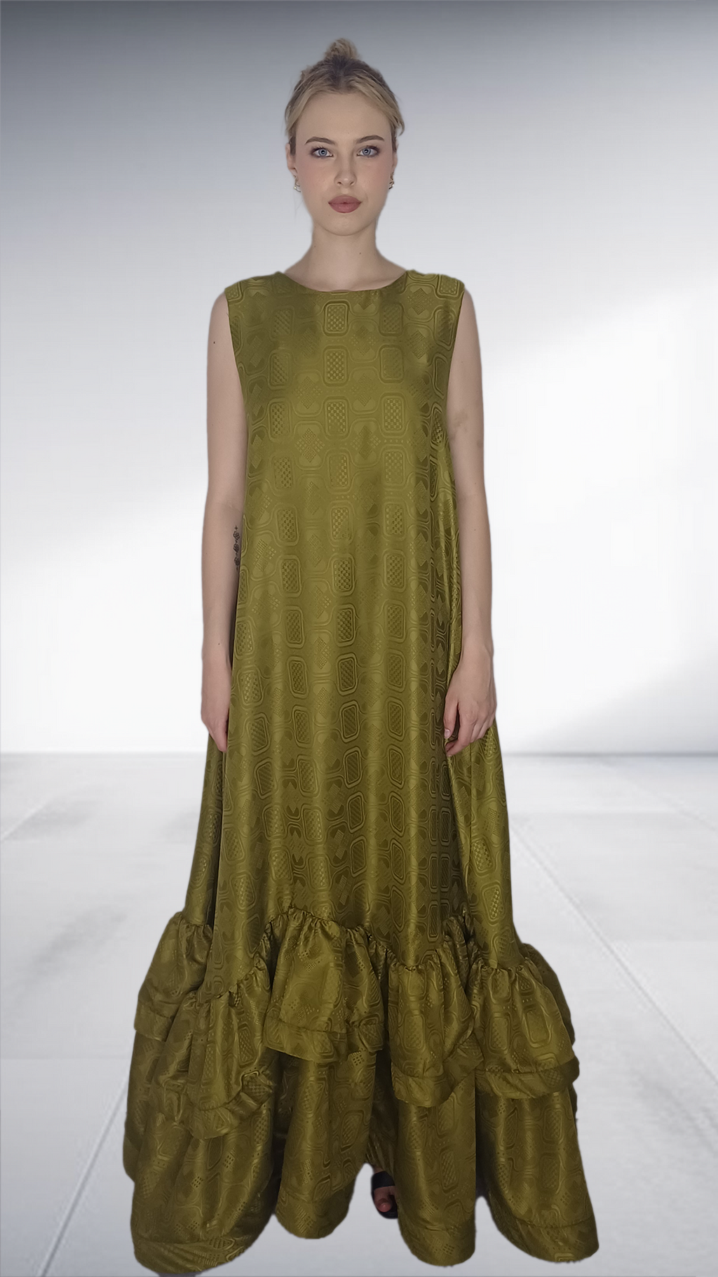 Thula Sindi - Alabo Olive Green Embossed Ruffle Hem Maxi Dress