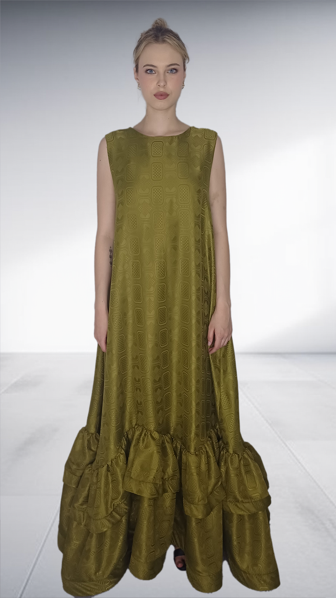 Alabo - Olive Green Embossed Ruffle Hem Maxi Dress