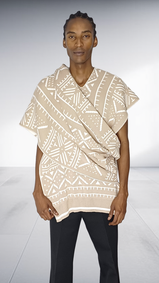 Mille Collines Kichana Wrap Shawl - Beige & White Geometric