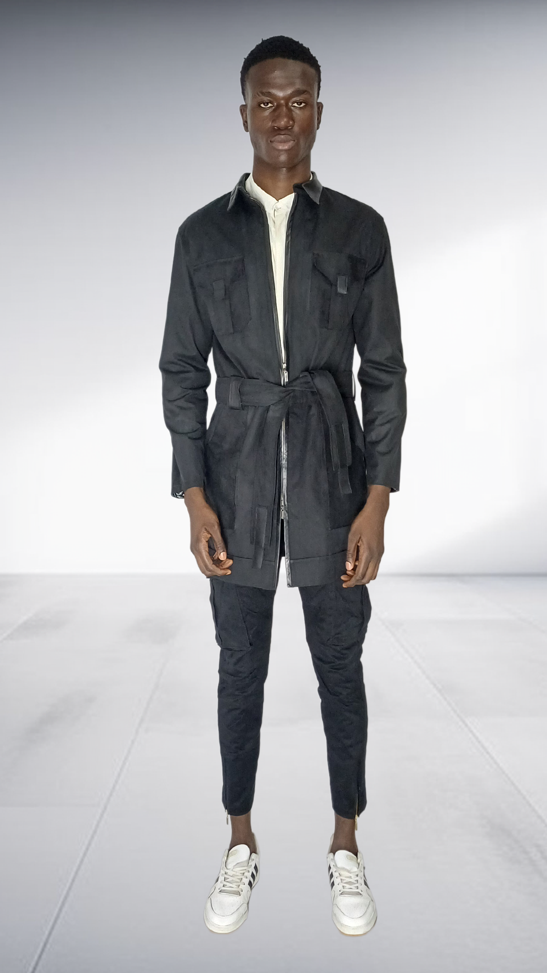 Naked Ape Oil Skin Jacket, Linen Mandarin Shirt & Cargo Pants Set - Black