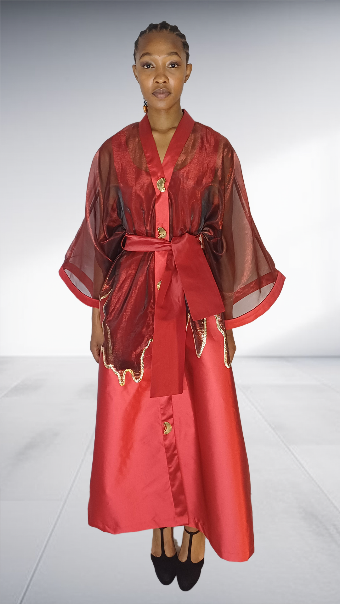 Agape Red Satin Kimono Robe with Gold Embellishment