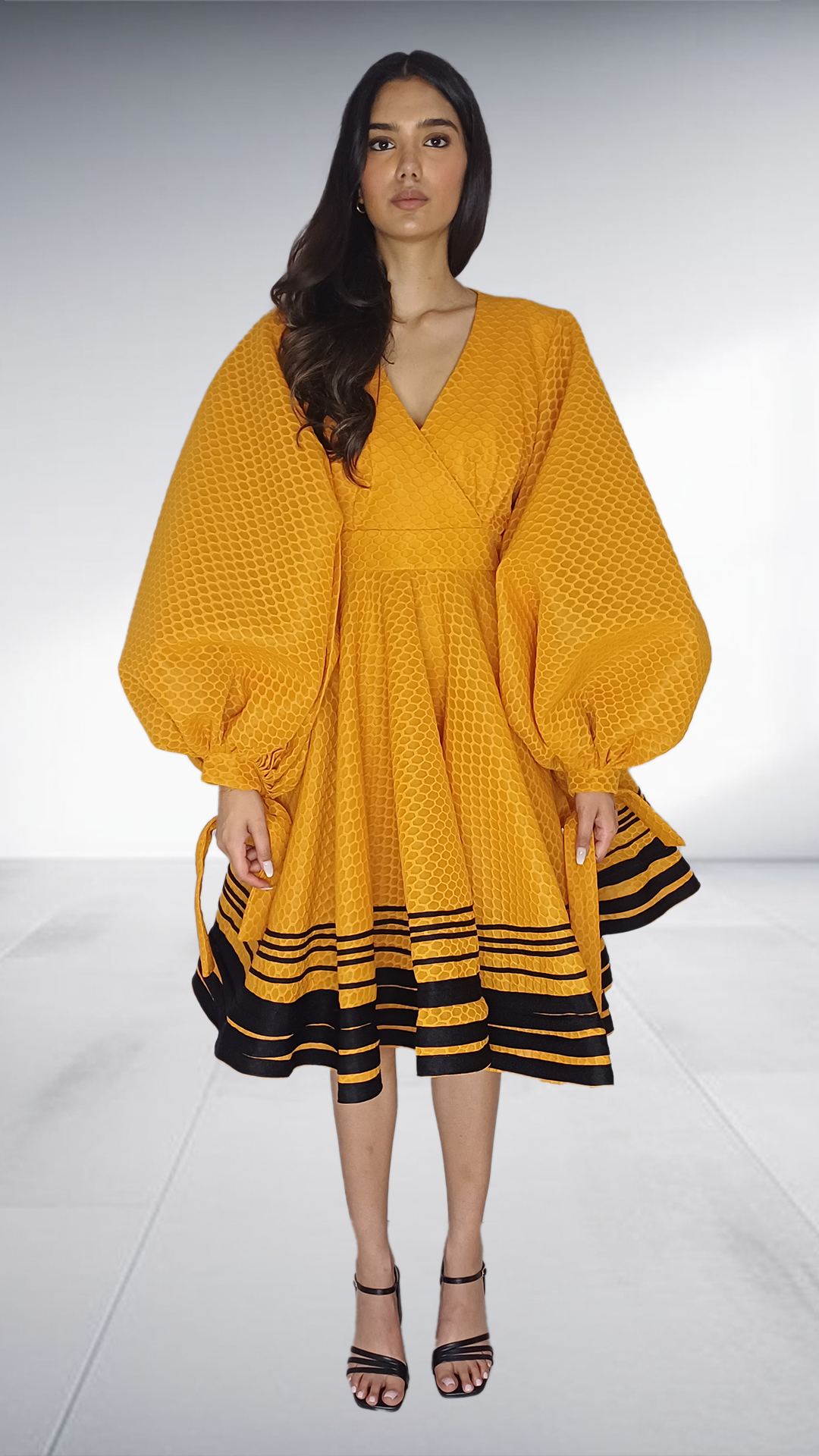Alfalfa Golden Yellow Honeycomb Textured Balloon Sleeve Dress