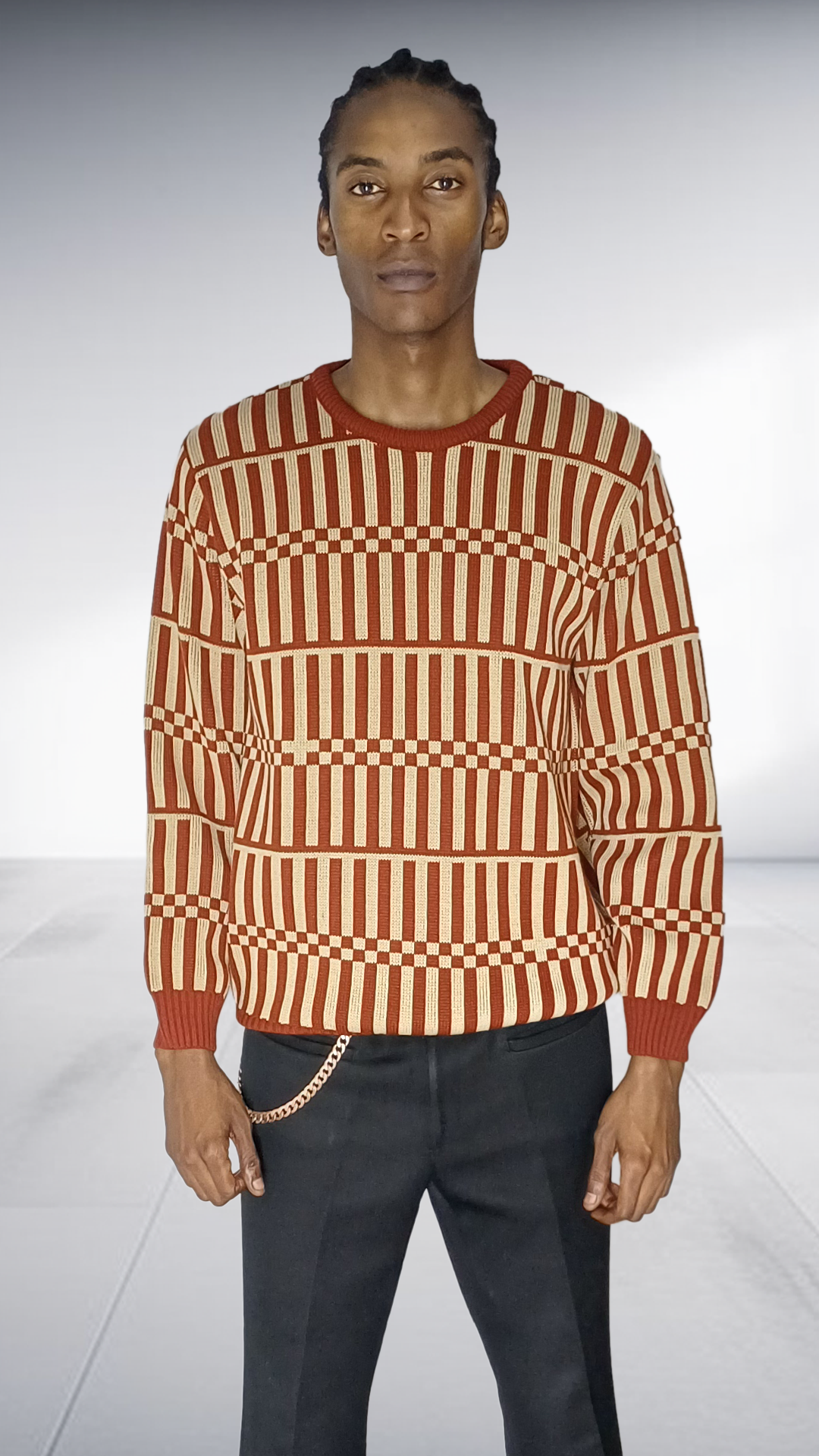 Chale Striped & Checkered Knit Sweater - Rust & Cream
