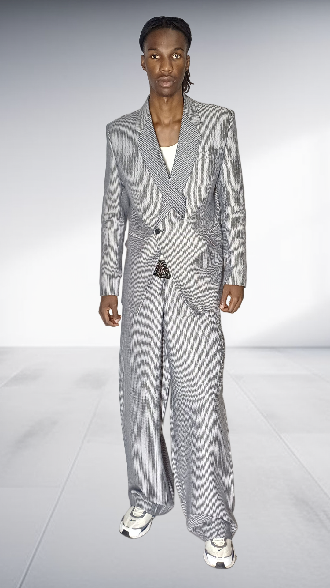 Fundundzi Grey Printed Suit Set - Double-Breasted Blazer & Wide-Leg Pants