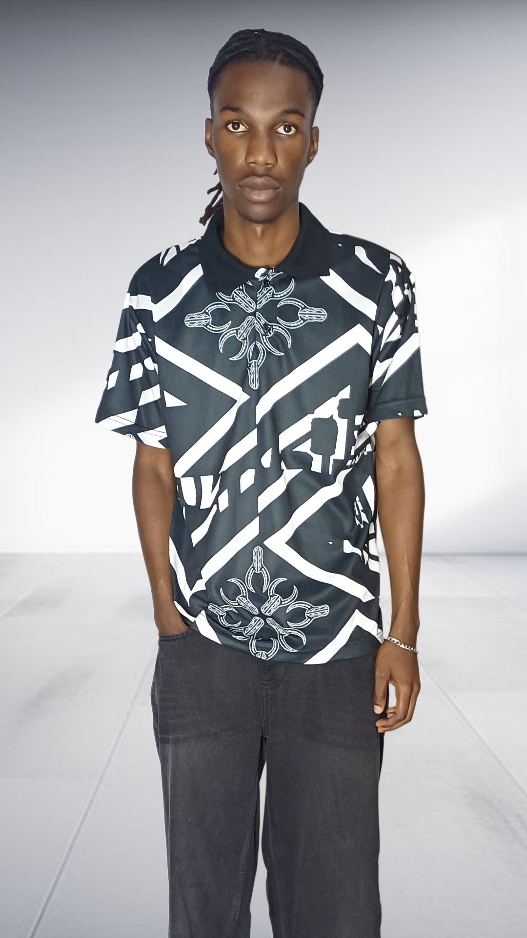Imprint Geometric African Motif Golf Shirt - Black & White