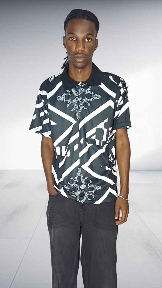 Imprint Geometric African Motif Golf Shirt - Black & White