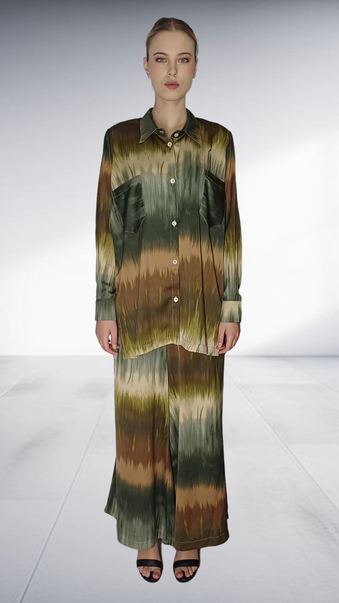 Nina Sedumedi Abstract Print Shirt & Wide-Leg Pants Set - Olive, Taupe & Cream