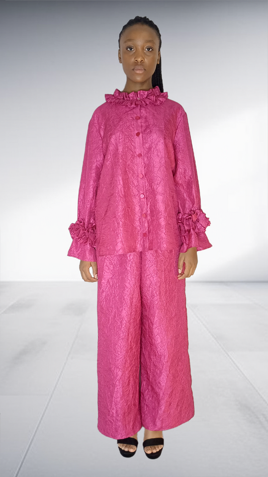 Pink Brocade Ruffle Collar Two-Piece Set