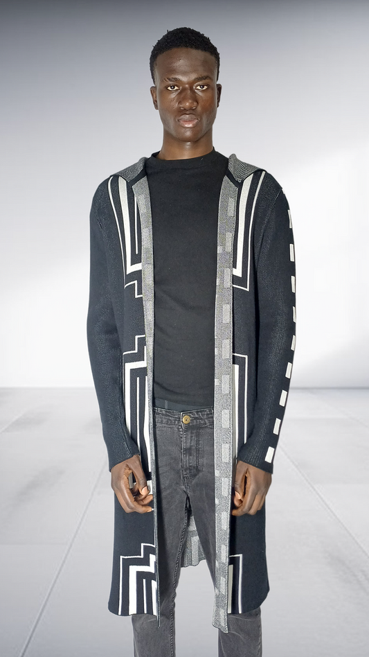 Zeitgeist Geometric Tracks Maxi Cardigan - Black, White & Silver