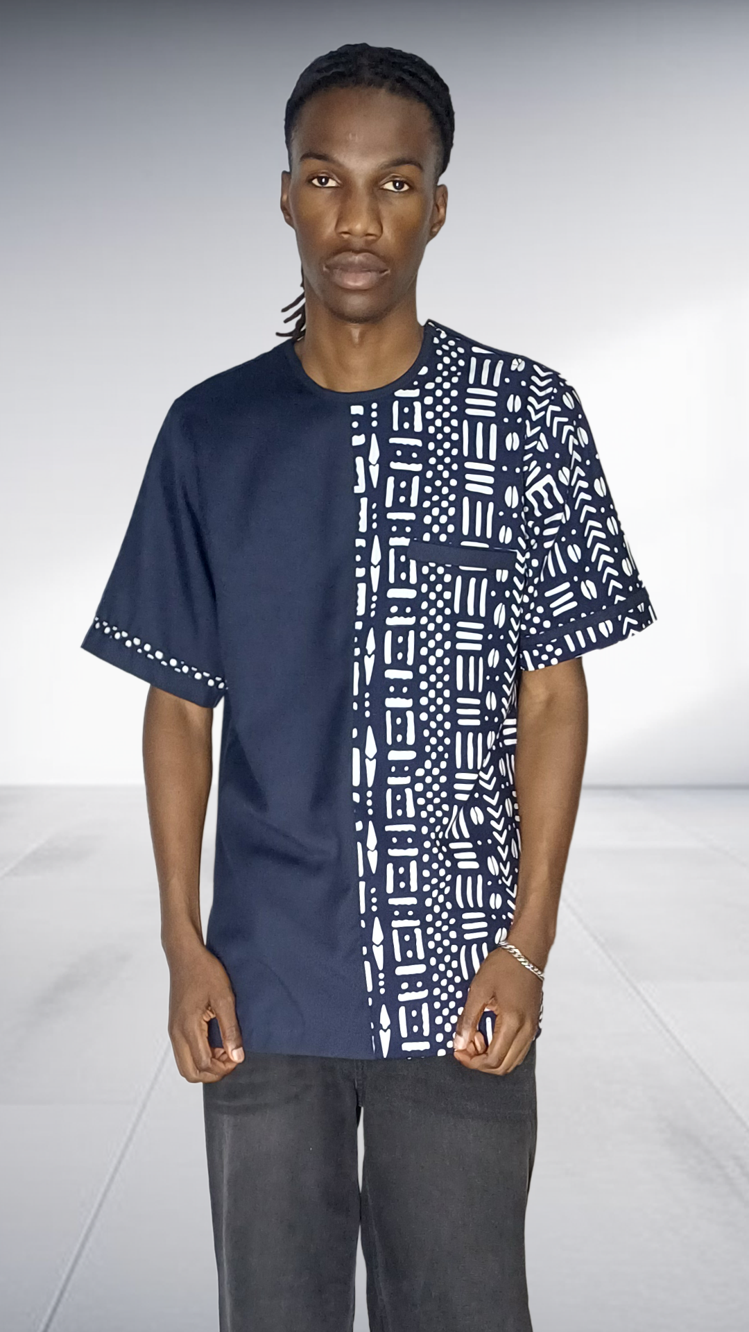 Lolo D Asymmetric Mudcloth Print Short Sleeve Shirt - Navy & White