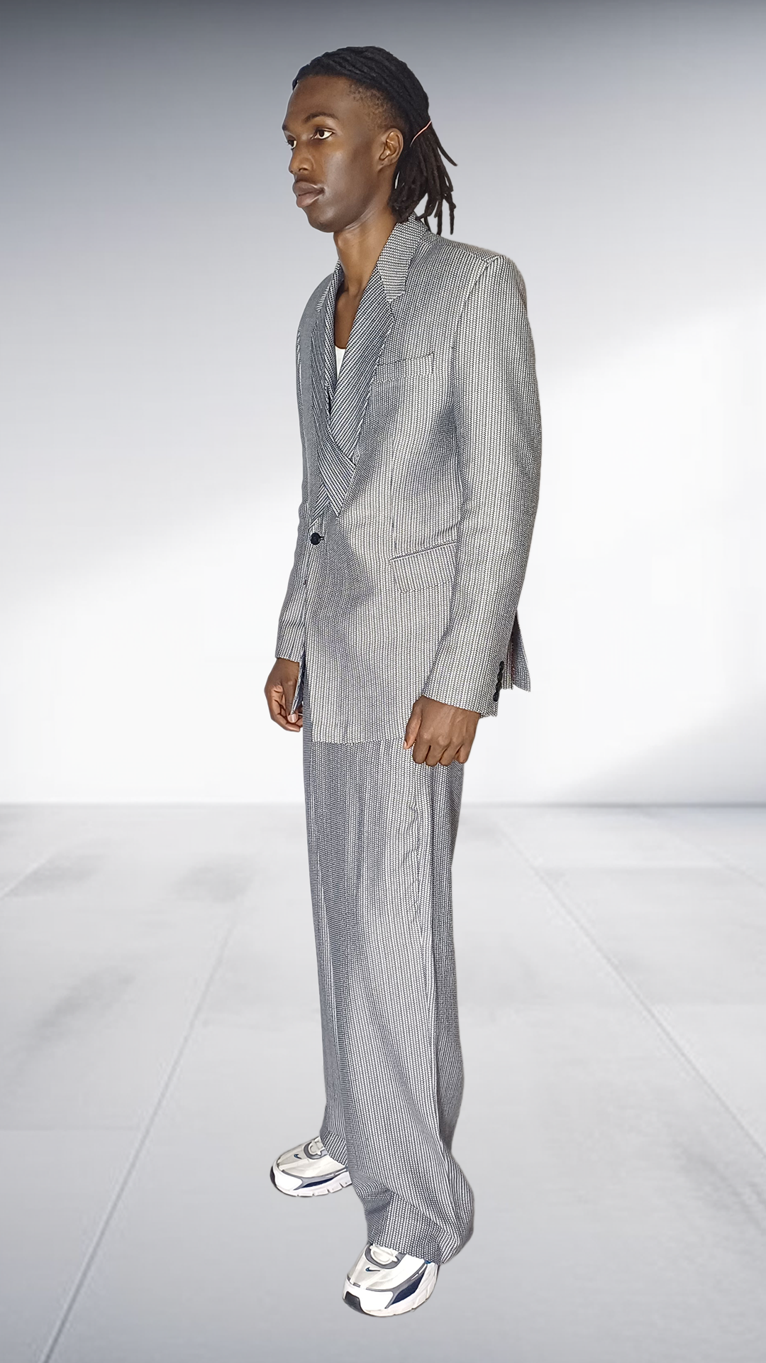 Fundundzi Grey Printed Suit Set - Double-Breasted Blazer & Wide-Leg Pants