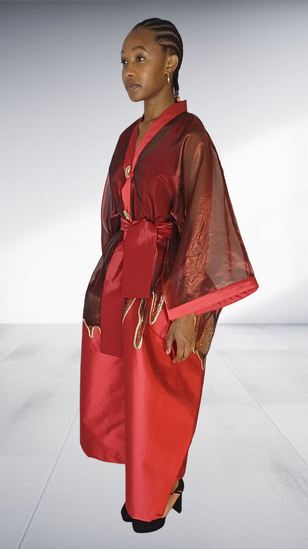 Agape Red Satin Kimono Robe with Gold Embellishment
