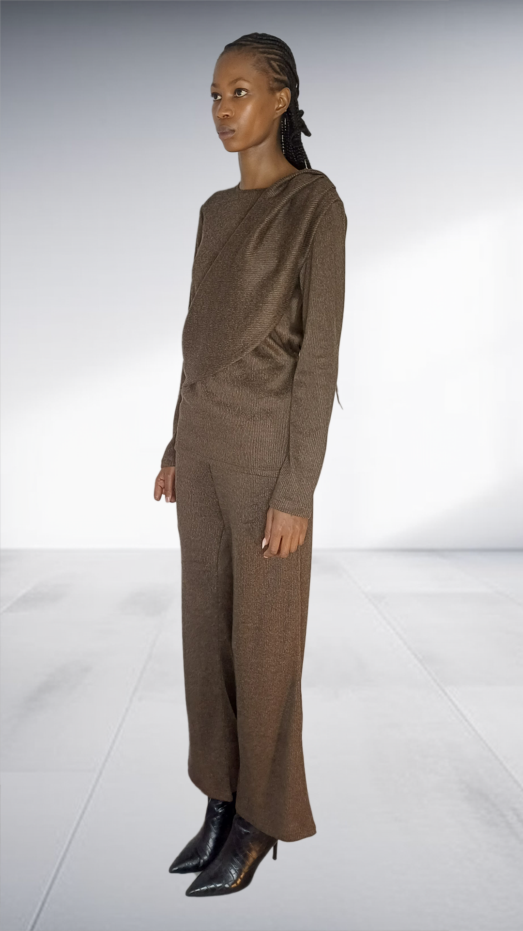 Fundundzi Brown Textured Cascade Wrap Hoodie Two-Piece Set