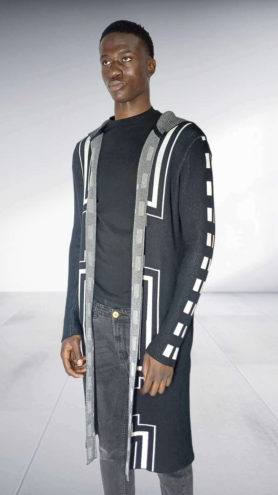 Zeitgeist Geometric Tracks Maxi Cardigan - Black, White & Silver