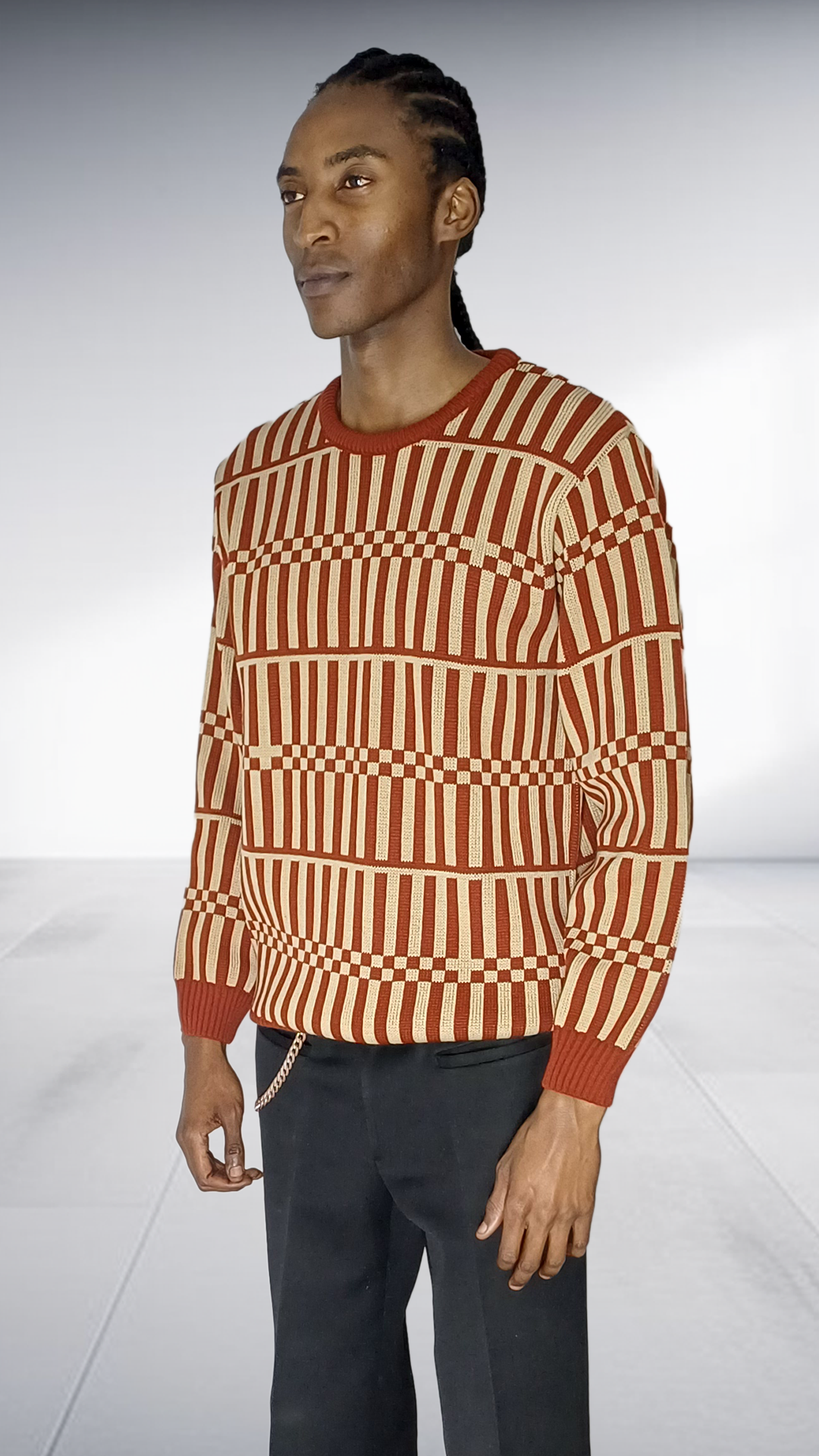 Chale Striped & Checkered Knit Sweater - Rust & Cream