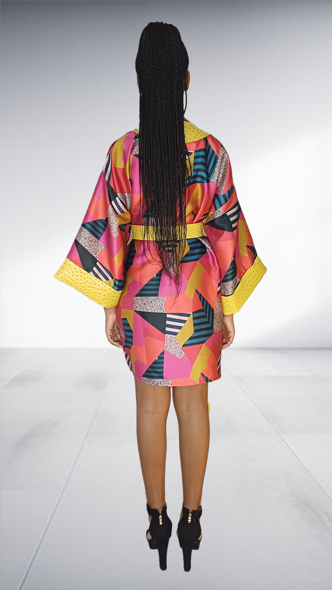 Ezokhetho Abstract Print Kimono Robe with Yellow Polka Dot Trim