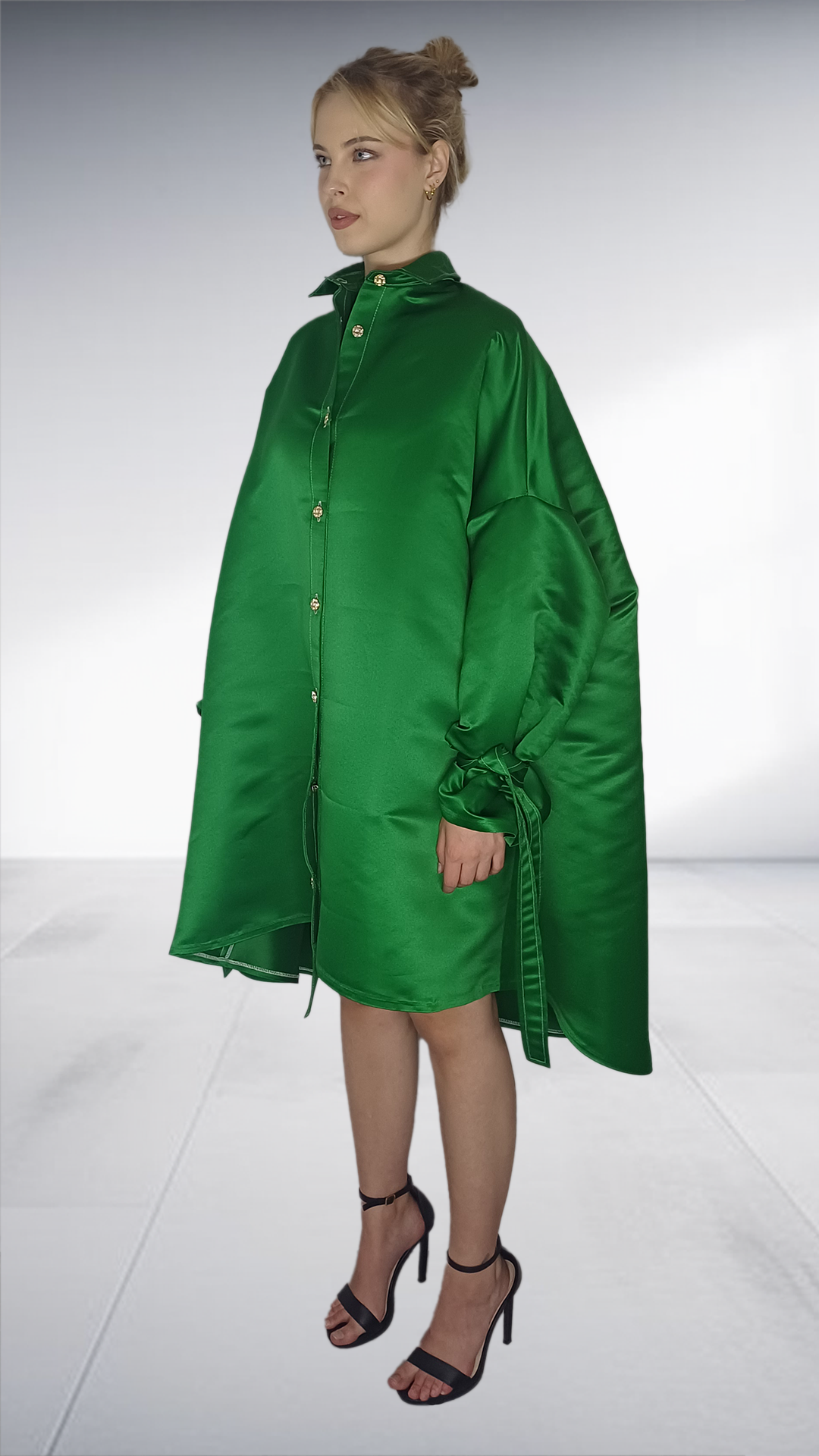 Matte Nolim Emerald Green Oversized Satin Shirt Dress