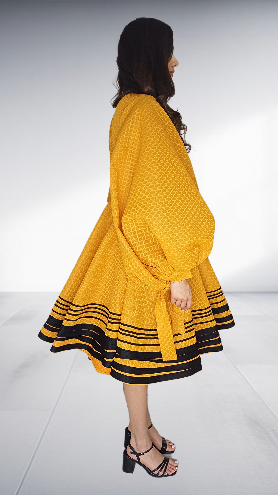 Alfalfa Golden Yellow Honeycomb Textured Balloon Sleeve Dress
