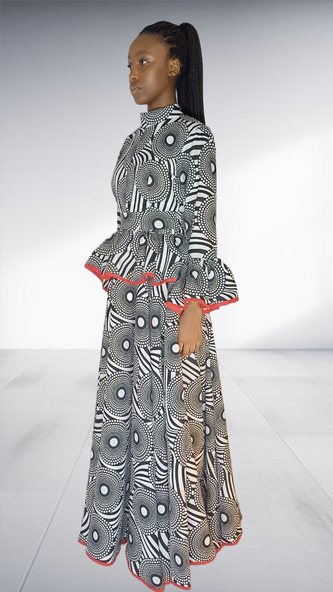 Imprint Black & White Abstract Print Maxi Dress with Red Trim