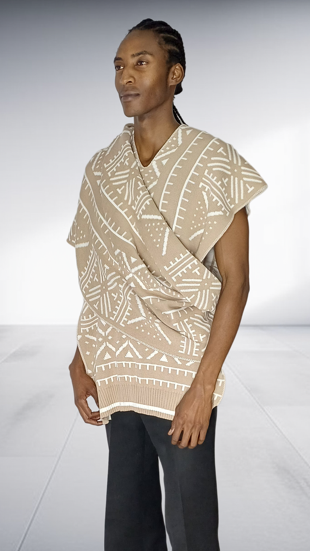 Mille Collines Kichana Wrap Shawl - Beige & White Geometric
