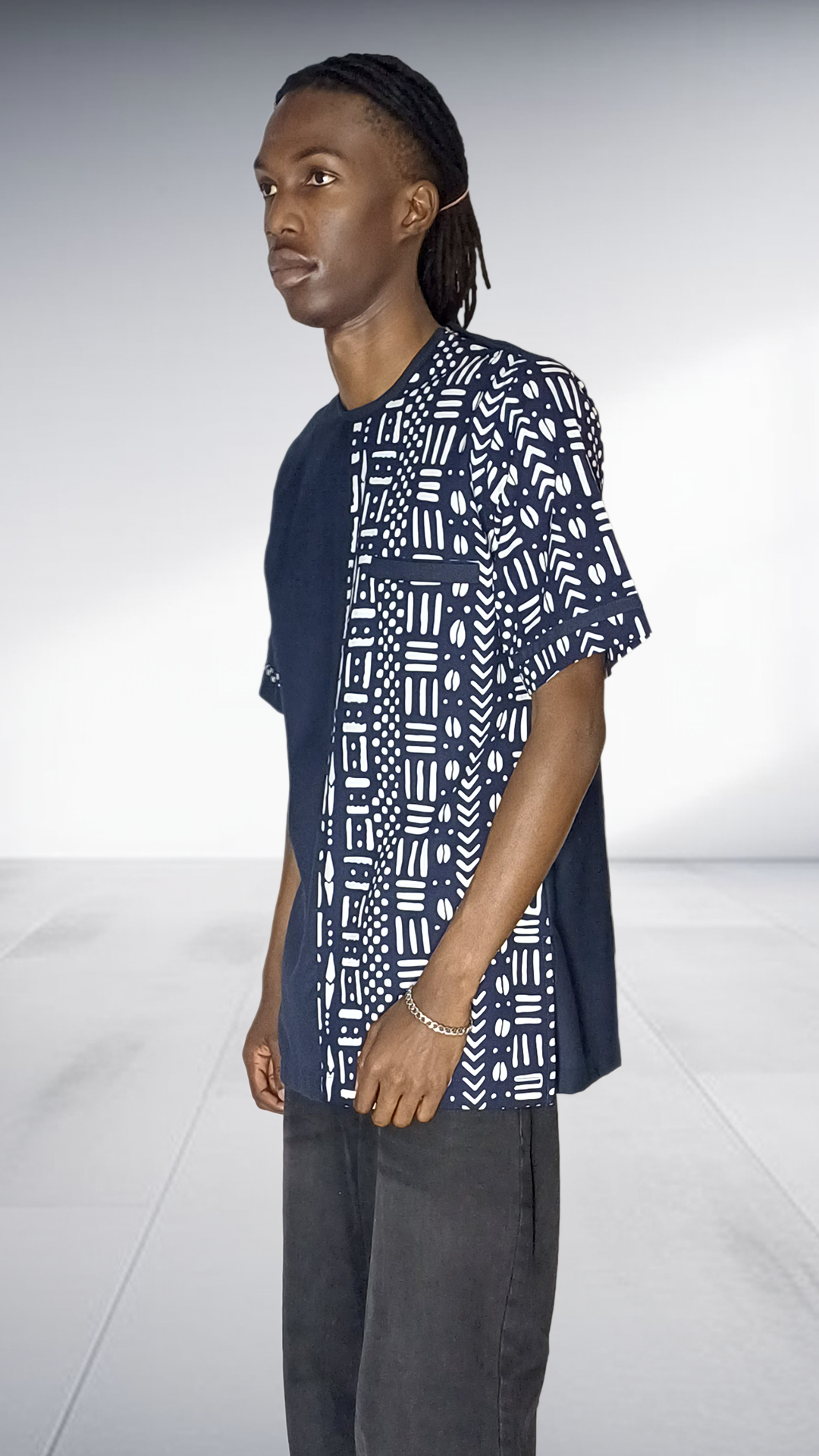 Lolo D Asymmetric Mudcloth Print Short Sleeve Shirt - Navy & White