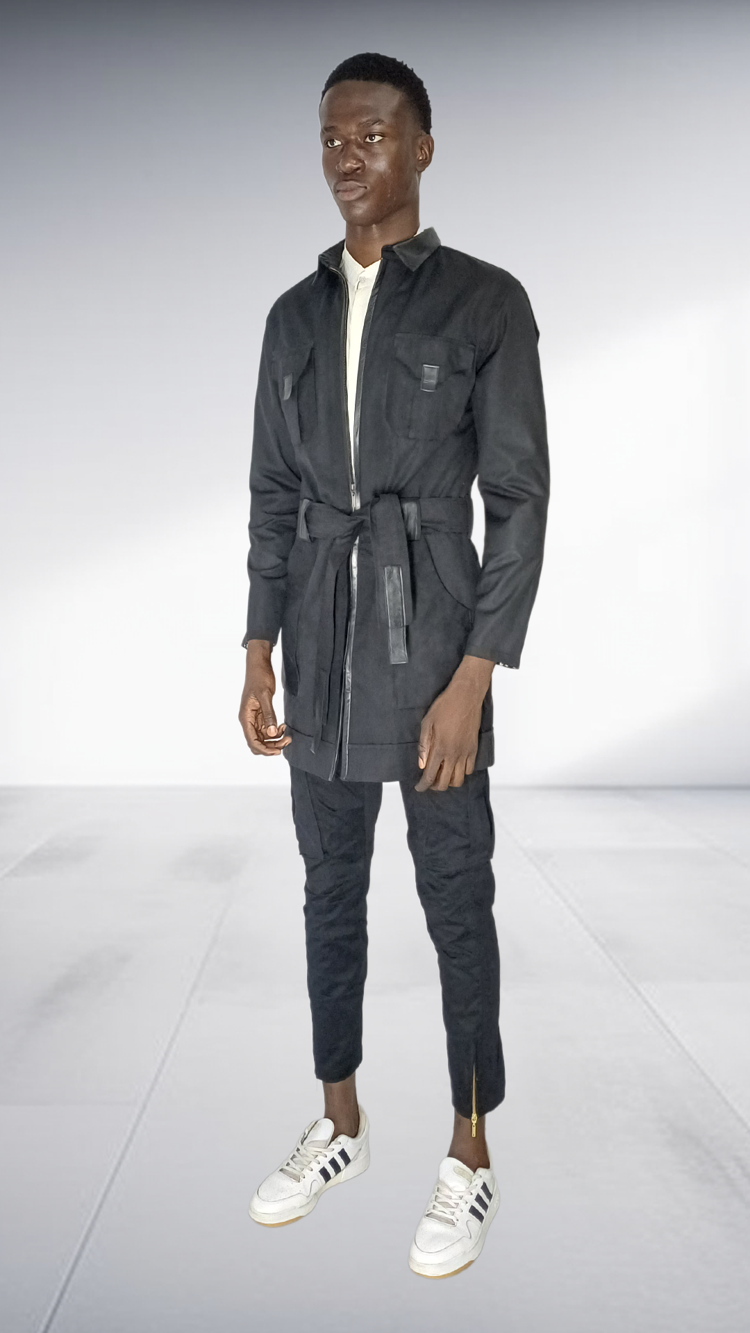 Naked Ape Oil Skin Jacket, Linen Mandarin Shirt & Cargo Pants Set - Black