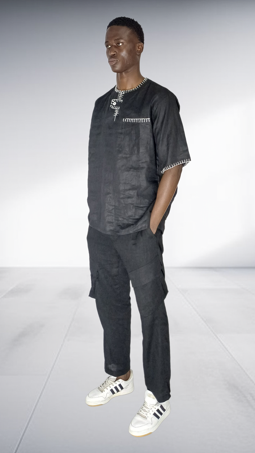 J.O.B Black Linen Embroidered Two-Piece Set