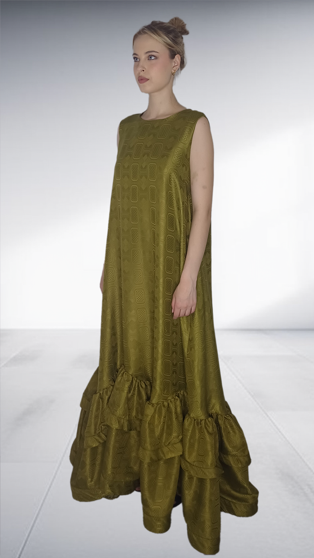 Alabo - Olive Green Embossed Ruffle Hem Maxi Dress
