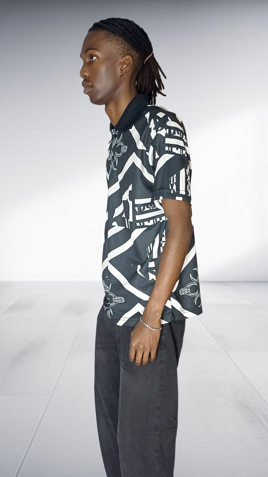 Imprint Geometric African Motif Golf Shirt - Black & White