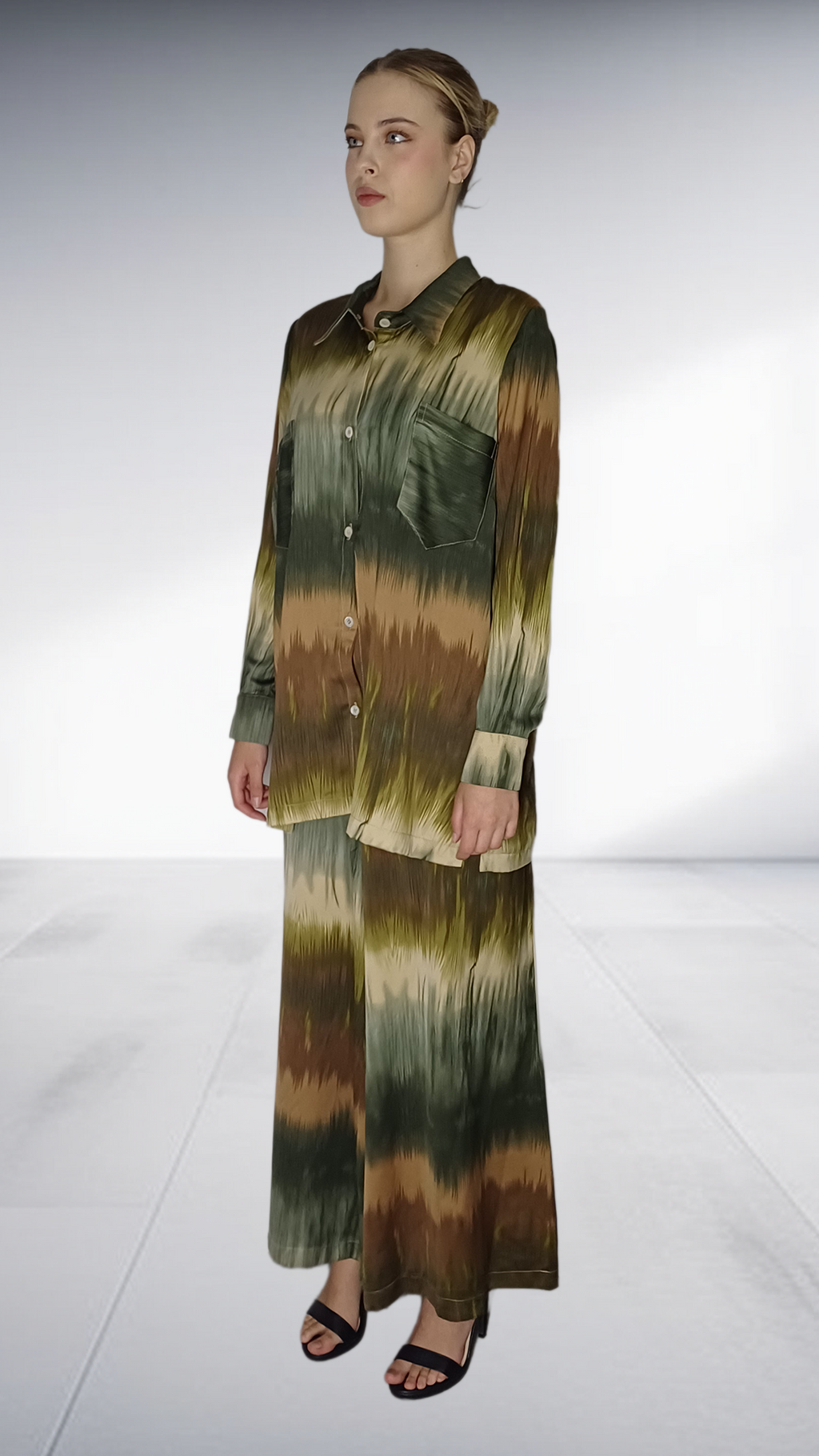 Nina Sedumedi Abstract Print Shirt & Wide-Leg Pants Set - Olive, Taupe & Cream