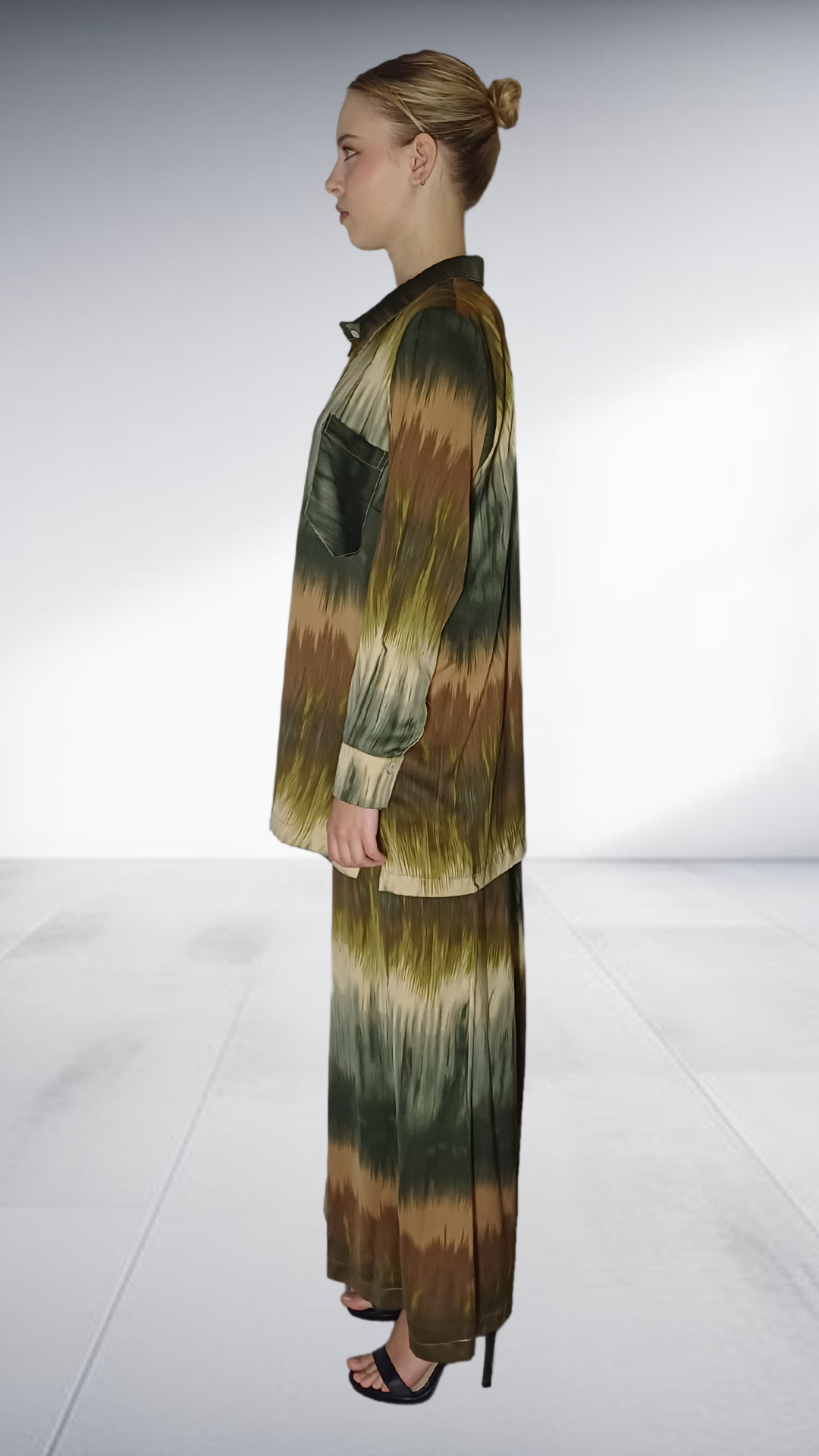 Nina Sedumedi Abstract Print Shirt & Wide-Leg Pants Set - Olive, Taupe & Cream