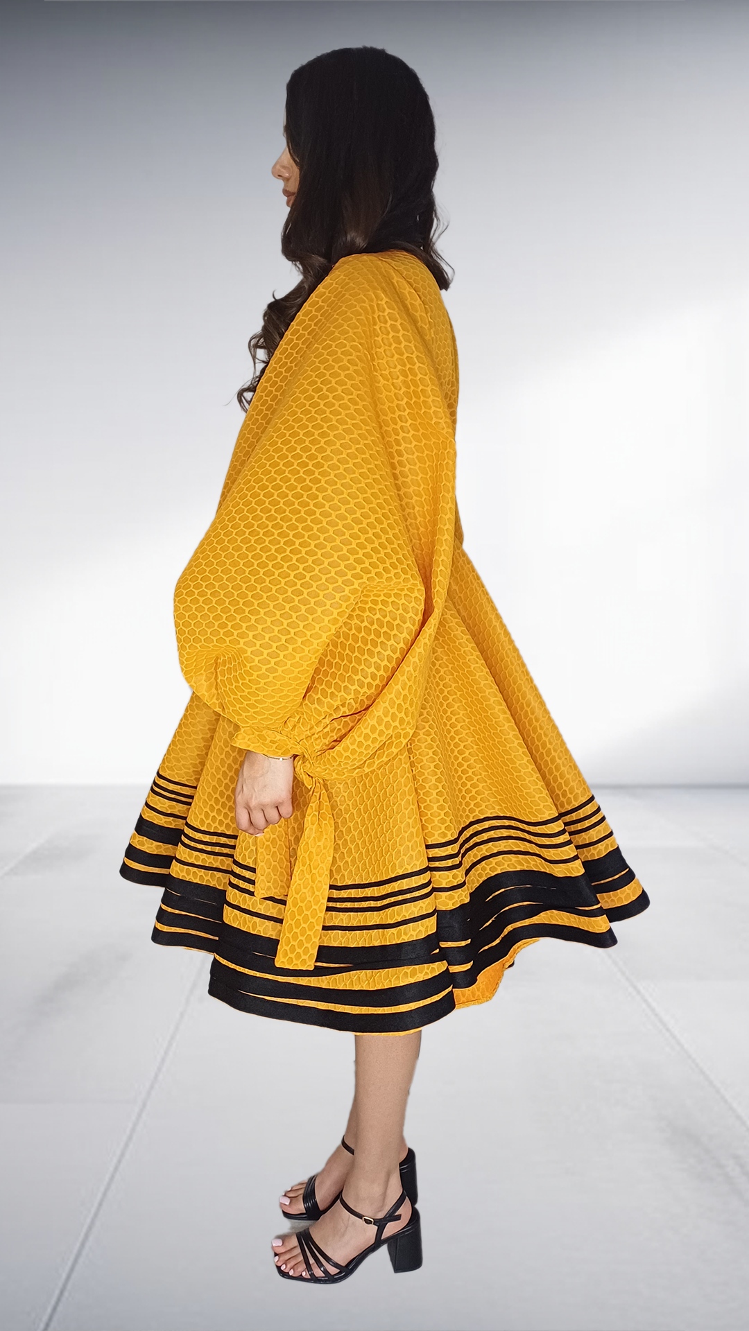 Alfalfa Golden Yellow Honeycomb Textured Balloon Sleeve Dress
