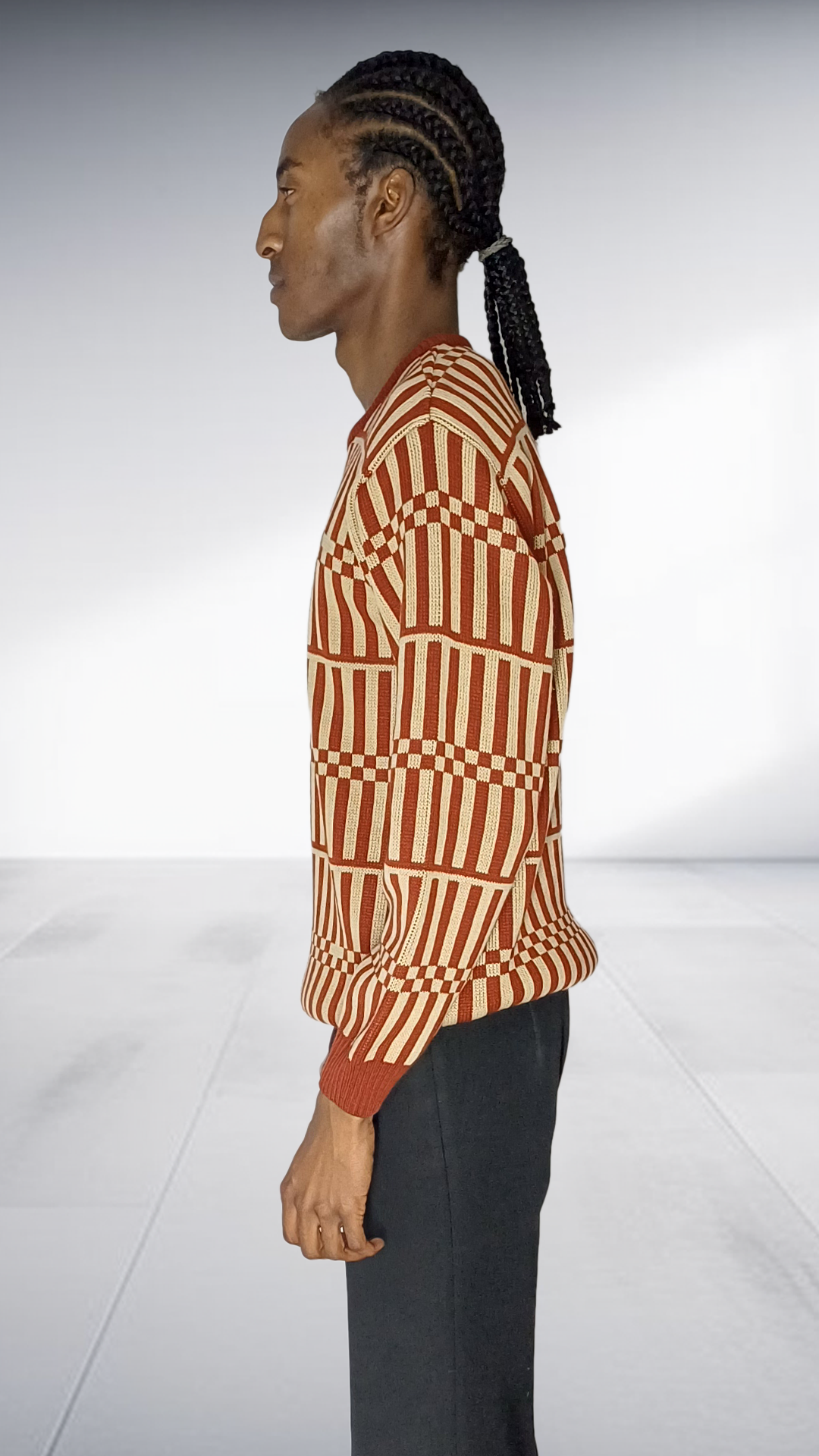Chale Striped & Checkered Knit Sweater - Rust & Cream
