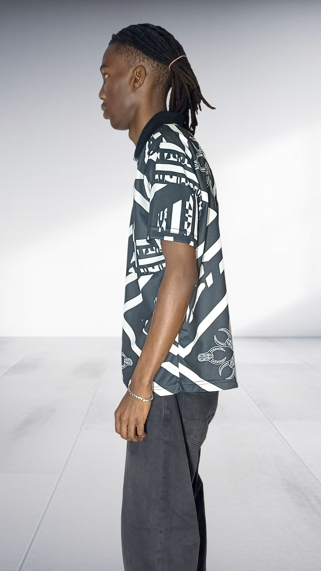 Imprint Geometric African Motif Golf Shirt - Black & White