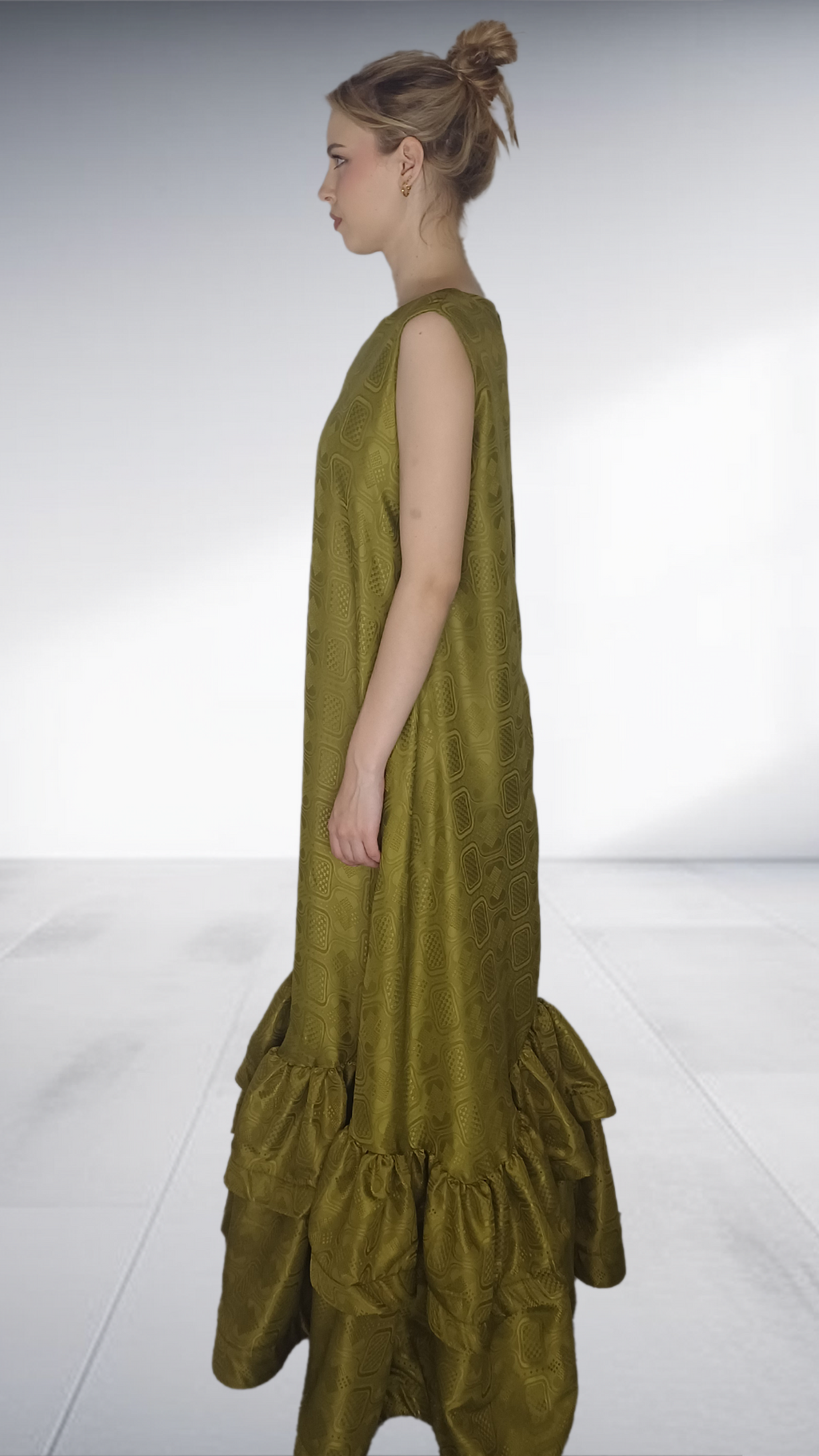 Thula Sindi - Alabo Olive Green Embossed Ruffle Hem Maxi Dress