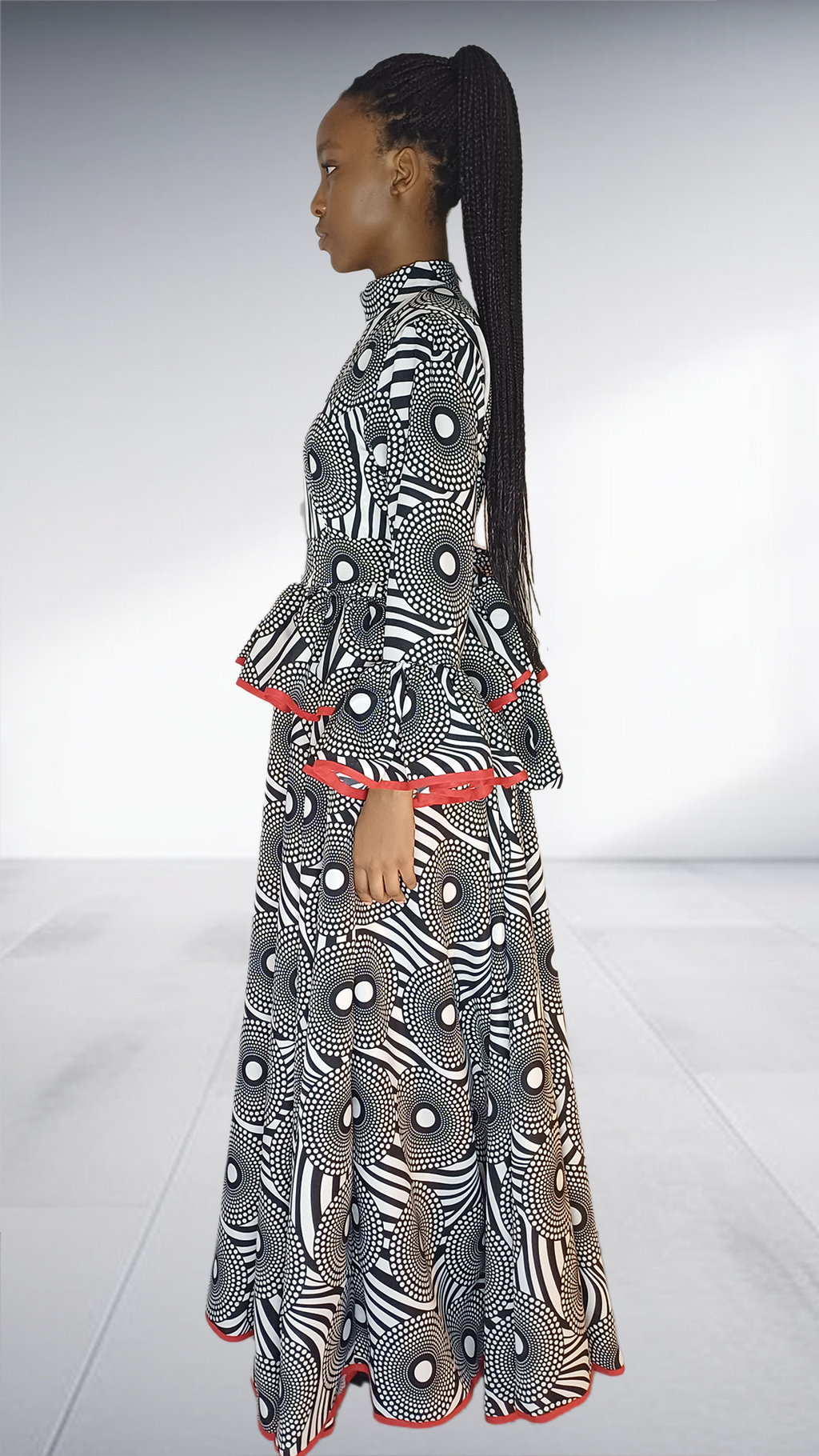 Imprint Black & White Abstract Print Maxi Dress with Red Trim