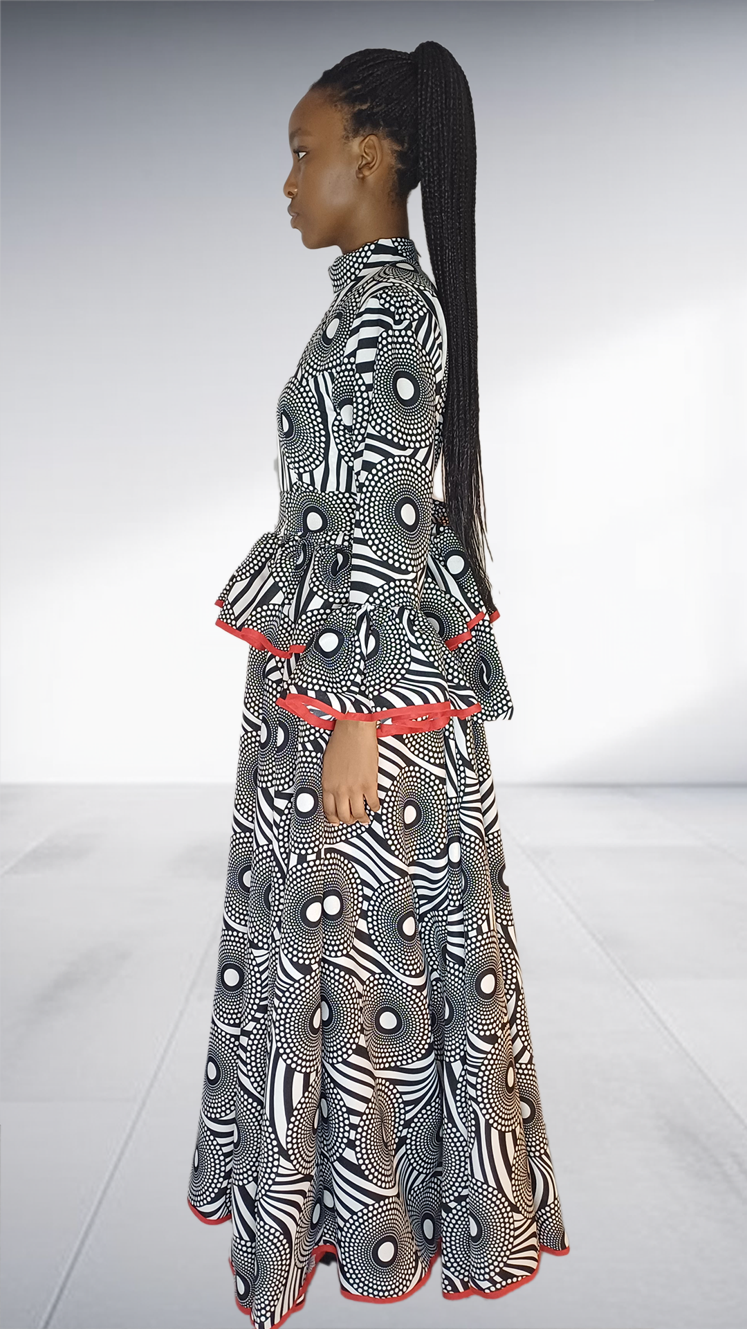 Imprint Black & White Abstract Print Maxi Dress with Red Trim