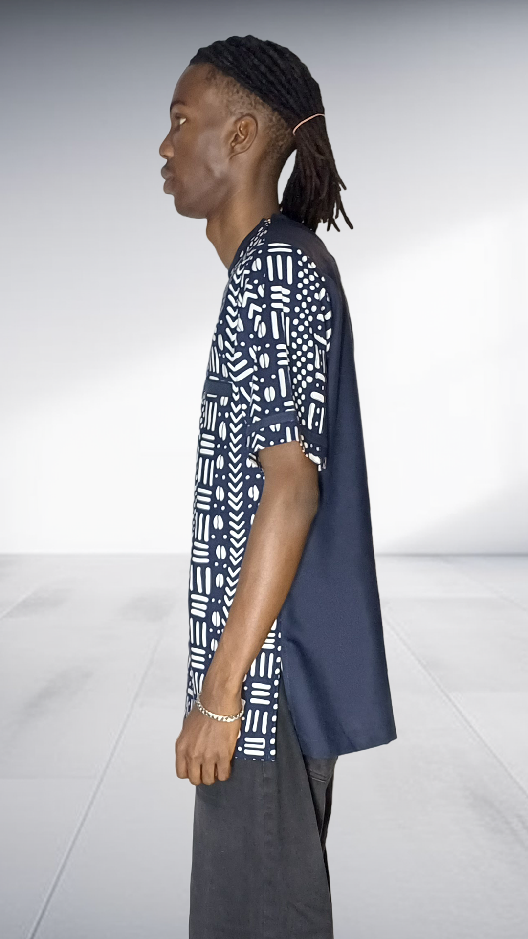 Lolo D Asymmetric Mudcloth Print Short Sleeve Shirt - Navy & White